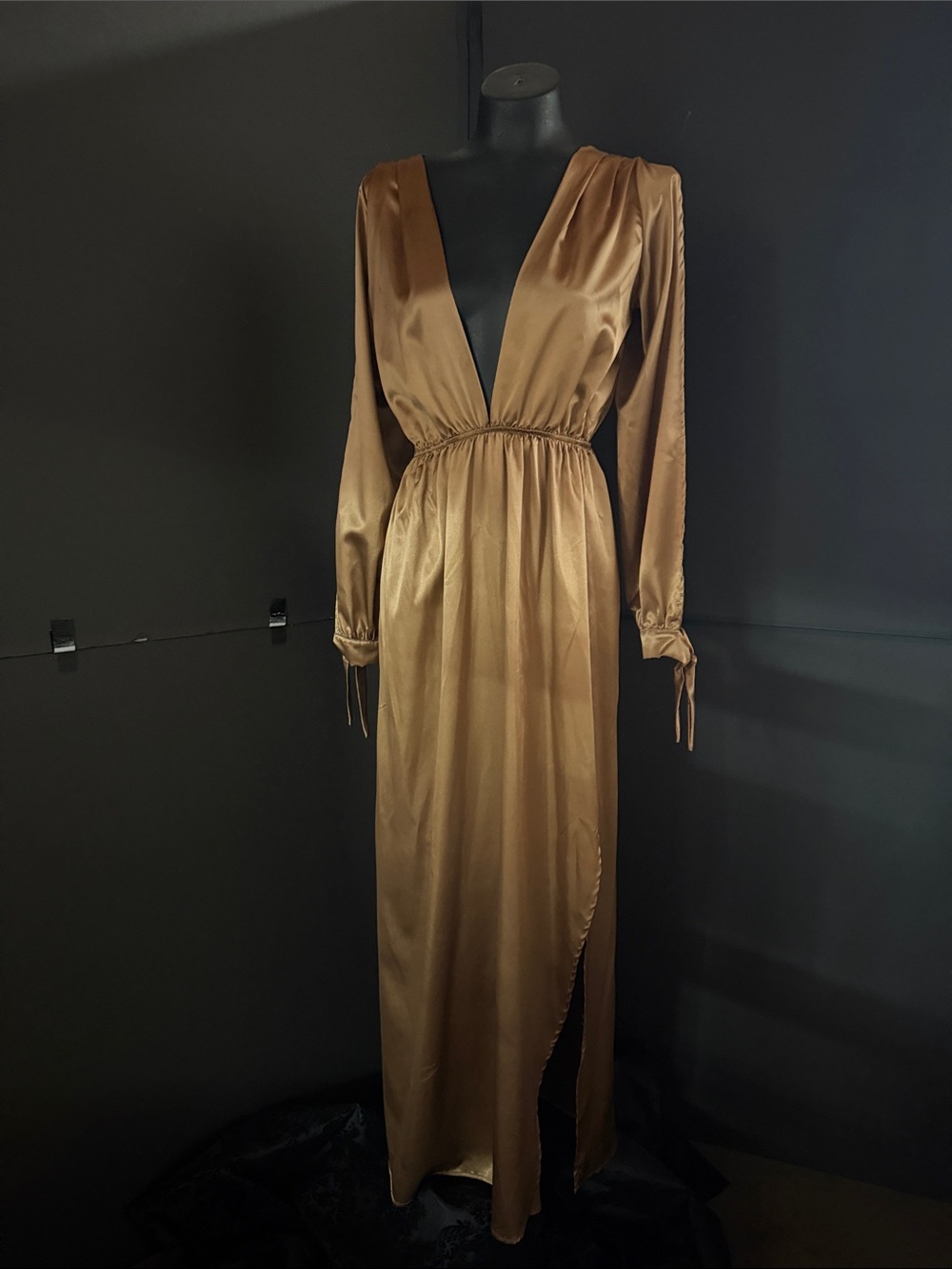 Plunging V-Neck Long Sleeve Brown Satin Maxi Dress